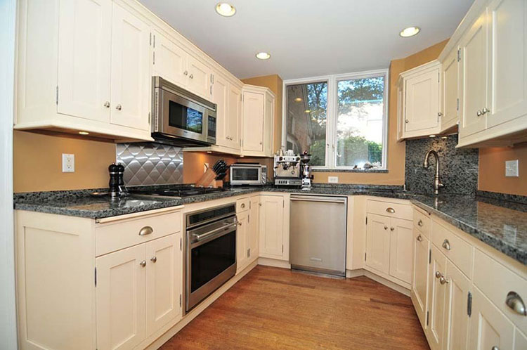 Traditional kitchen with blue pearl granite countertops