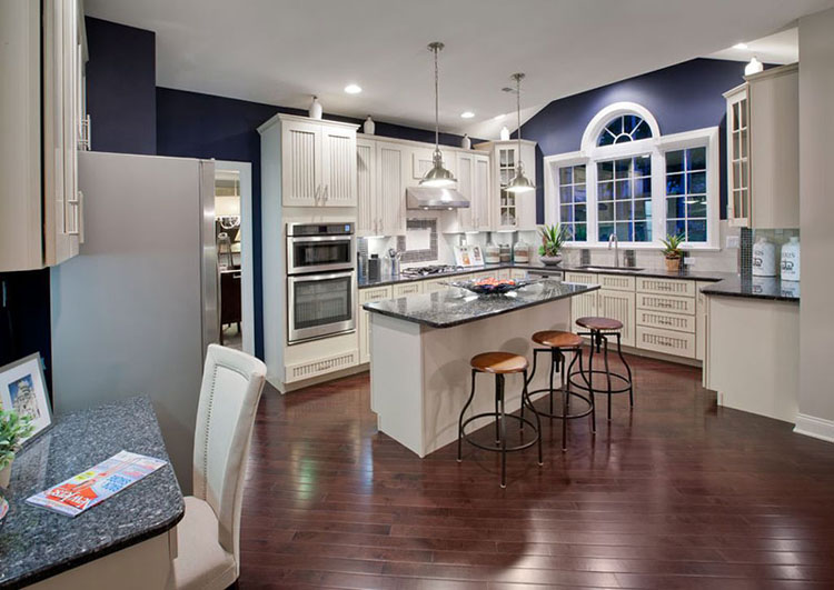 Transitional kitchen with blue pearl granite