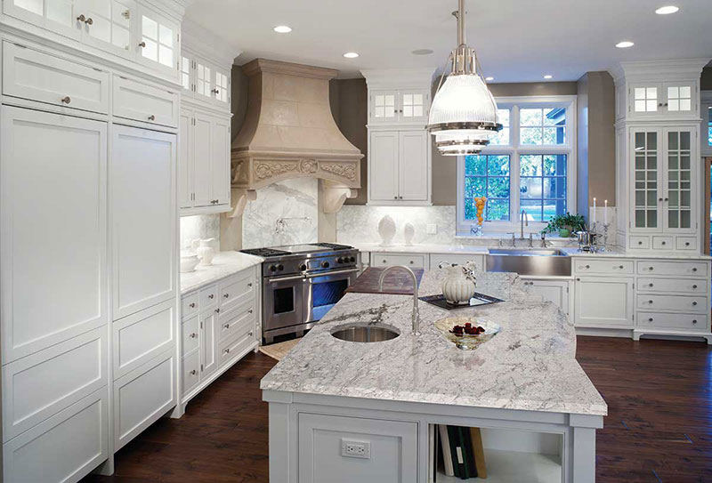 White Kitchen Cabinet With River White Granite Countertops